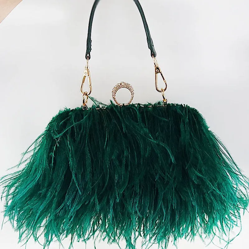 Women's Fashion Feather Purse Long Hair Lady Turkey Fur Hand Bags Evening Bags Capacity Shoulder Bag S4174