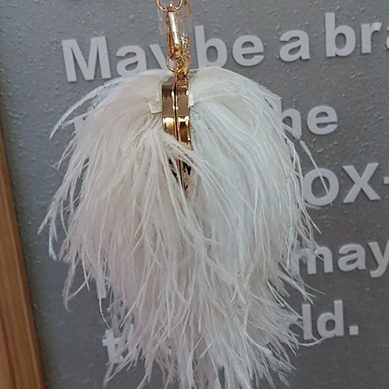 Women's Fashion Feather Purse Long Hair Lady Turkey Fur Hand Bags Evening Bags Capacity Shoulder Bag S4174
