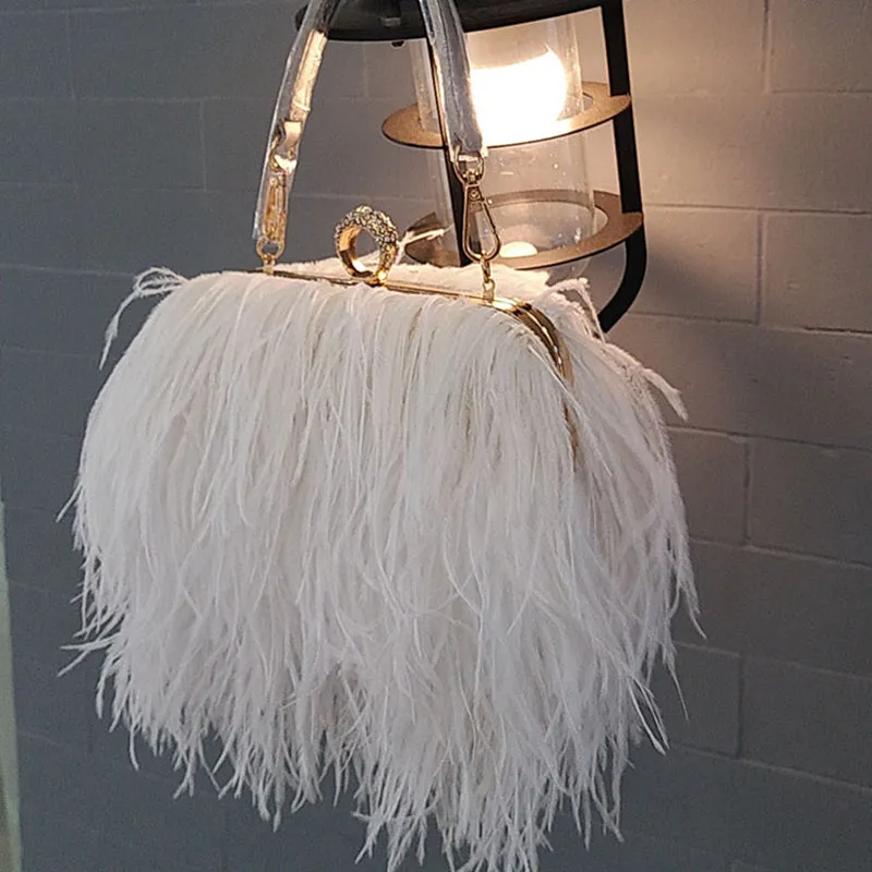 Women's Fashion Feather Purse Long Hair Lady Turkey Fur Hand Bags Evening Bags Capacity Shoulder Bag S4174