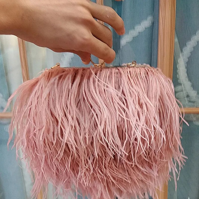 Women's Fashion Feather Purse Long Hair Lady Turkey Fur Hand Bags Evening Bags Capacity Shoulder Bag S4174