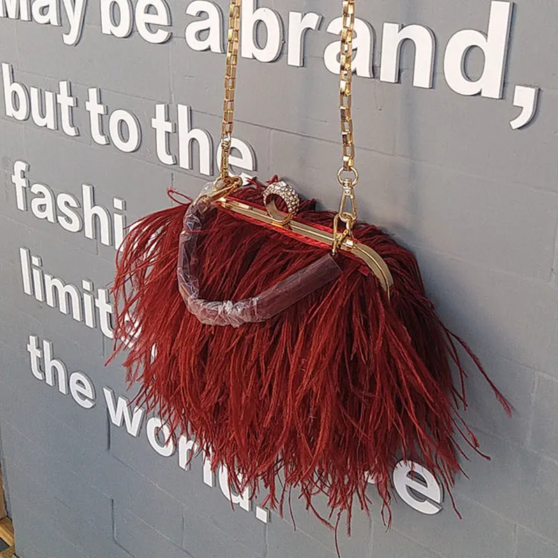 Women's Fashion Feather Purse Long Hair Lady Turkey Fur Hand Bags Evening Bags Capacity Shoulder Bag S4174