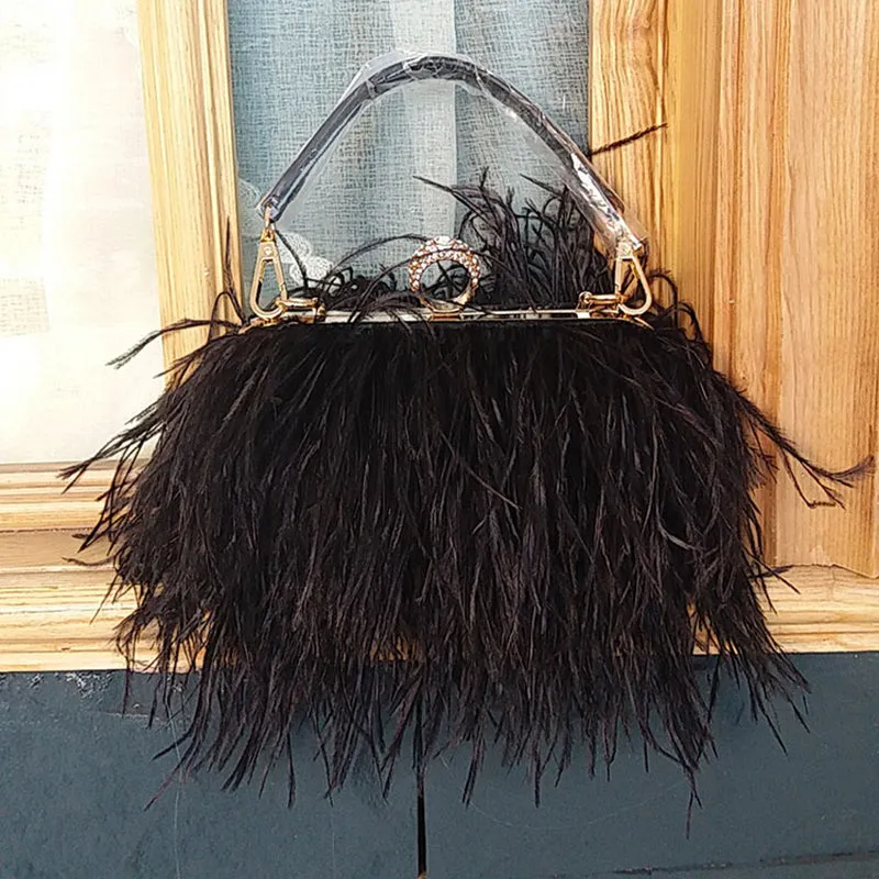 Women's Fashion Feather Purse Long Hair Lady Turkey Fur Hand Bags Evening Bags Capacity Shoulder Bag S4174