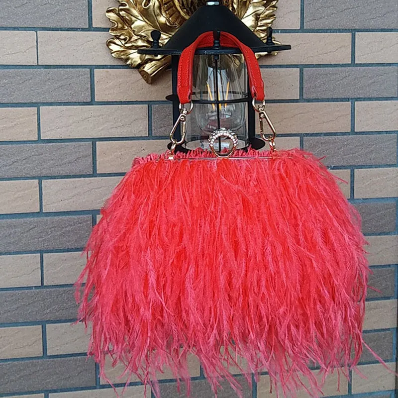 Women's Fashion Feather Purse Long Hair Lady Turkey Fur Hand Bags Evening Bags Capacity Shoulder Bag S4174