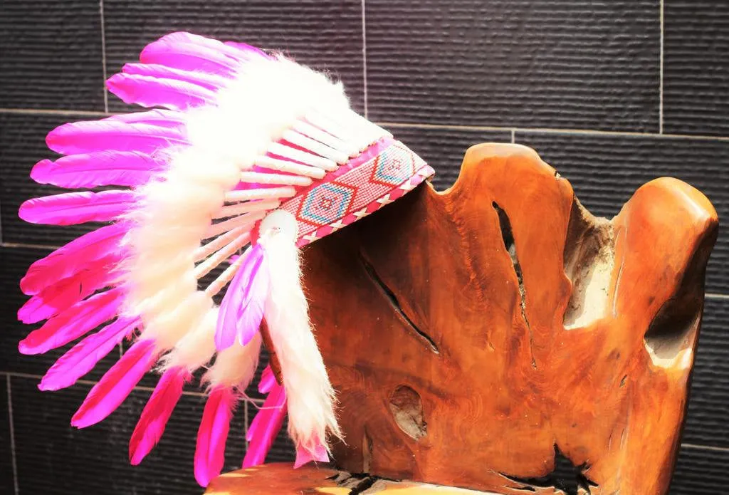 X32 FLUOR COLLECTION: Pink Warbonnet .Native American Style Feather Headdress