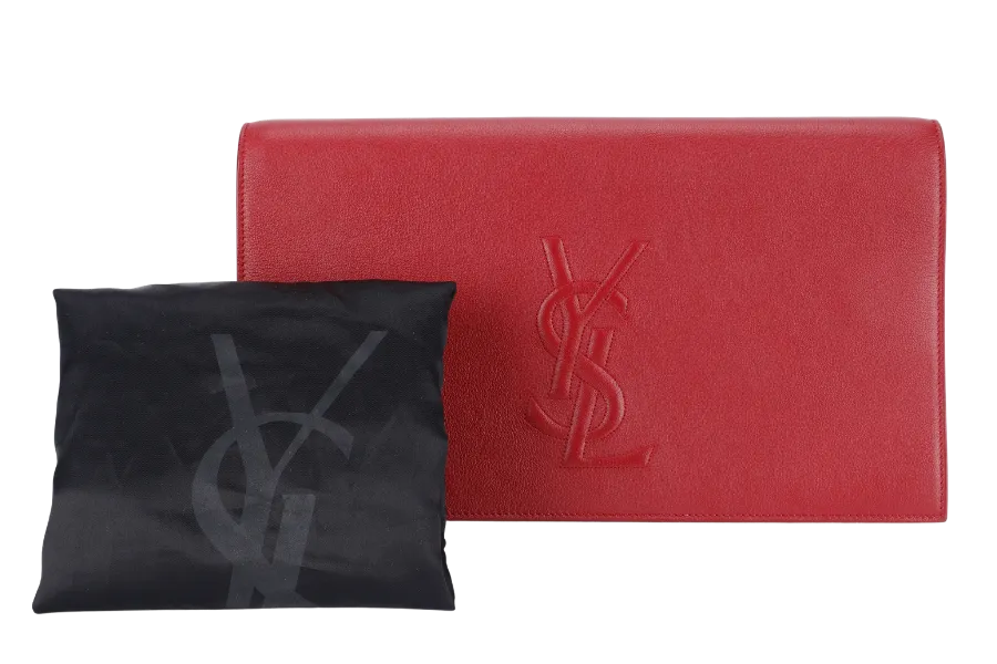 YVES SAINT LAURENT (YSL) BELLE DE JOUR CLUTCH MAROON CALFSKIN LEATHER GOLD HARDWARE WITH DUST COVER